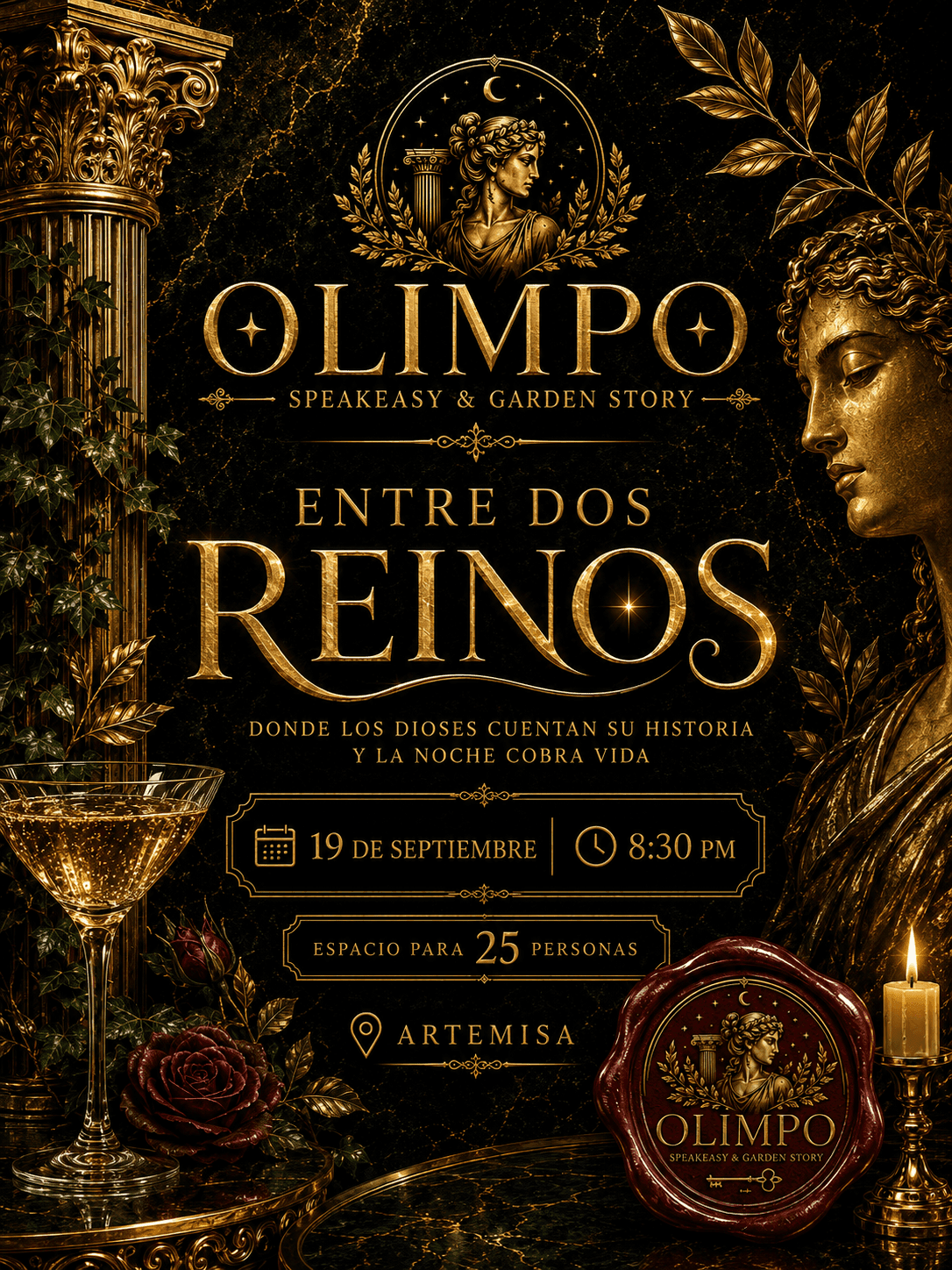 Flyer de ENTRE 2 REINOS, el mito de Perséfone y Hades | 19 Septiembre