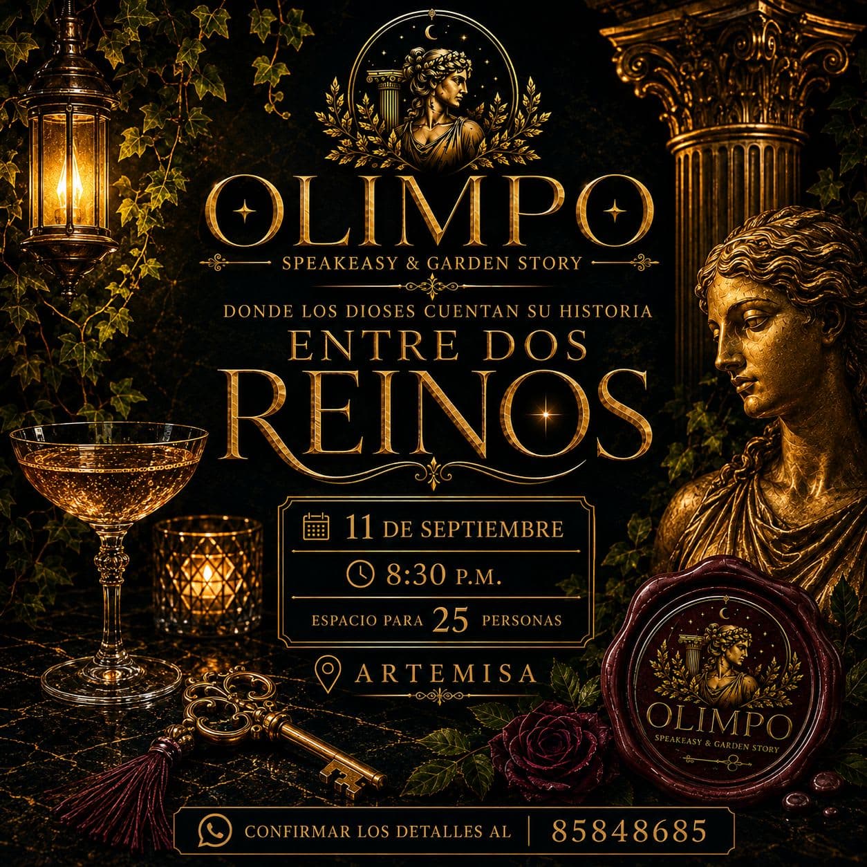 Flyer de ENTRE 2 REINOS, el mito de Hades y Persefone 11 de Septiembre